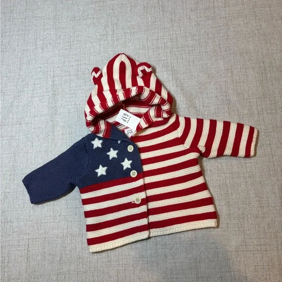 BABY GAP red white blue flag sweater hood w/ears 100% cotton. NWT. 0-3 months - Picture 1 of 4
